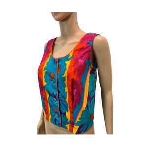 Vintage 80s Bright Floral Crop Top – Button Front Sleeveless Hawaiian Shirt
